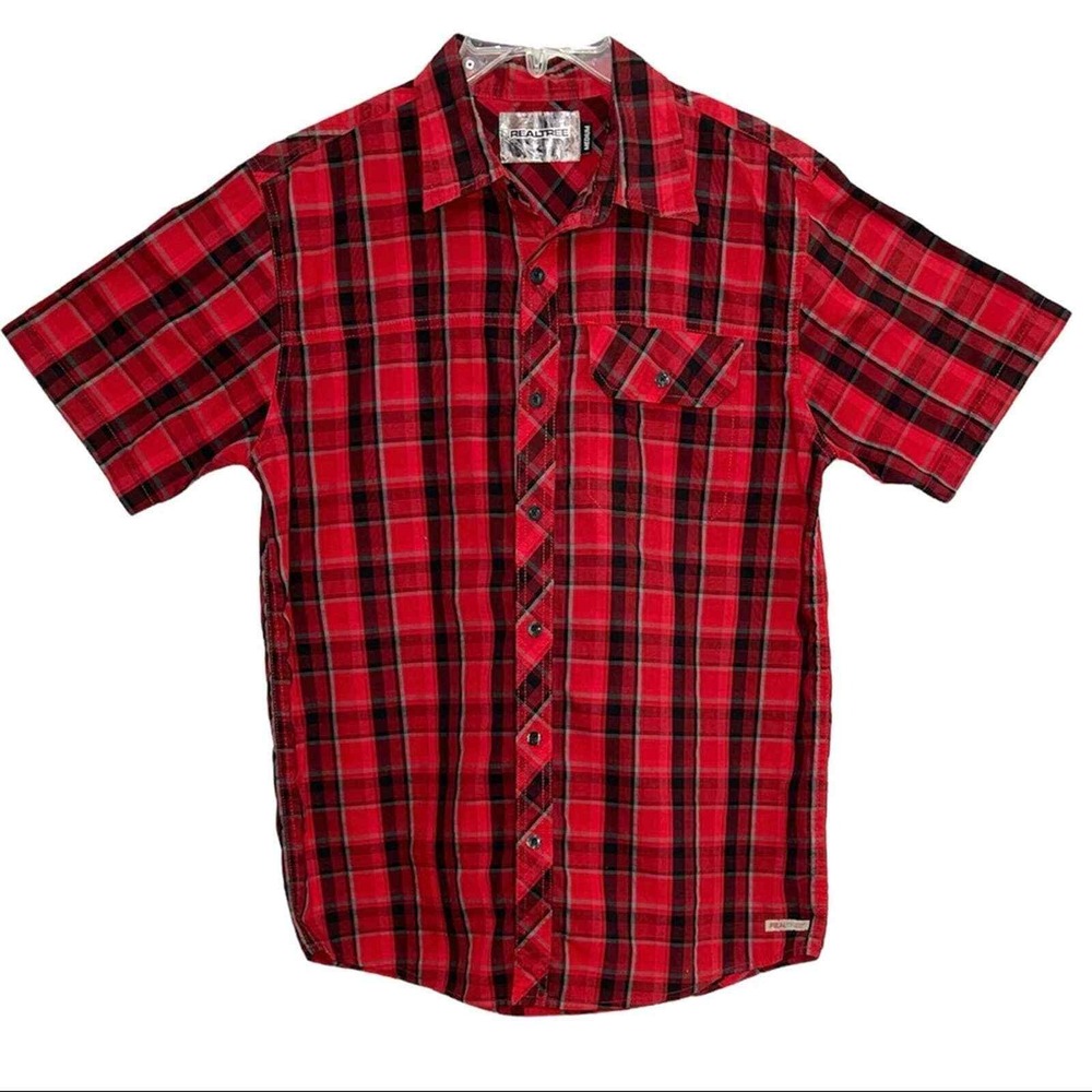 Realtree Plaid Button Up Shirt Mens Medium Red Black Short Sleeve Casual Top